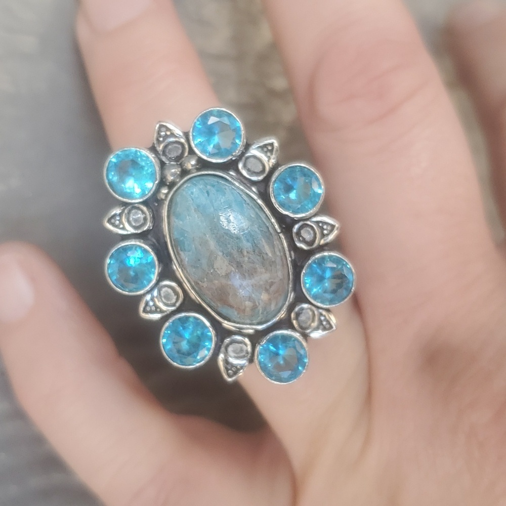 New Blue Apatite & Blue Topaz 925 Silver Statement Ring. - Picture 12 of 14